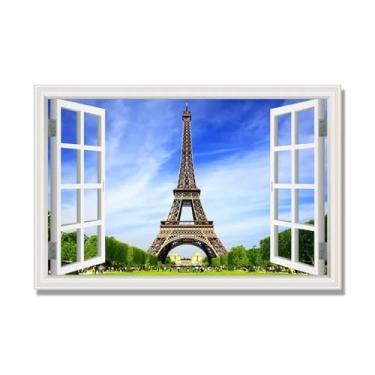 Imagem de Janela de arte de parede com impressão em tela. Vista de janela falsa. Impressão de imagem natural em tela. Arte de cenário para decoração de sala de estar. (Vista da Torre Eiffel de Paris 25). 80 x