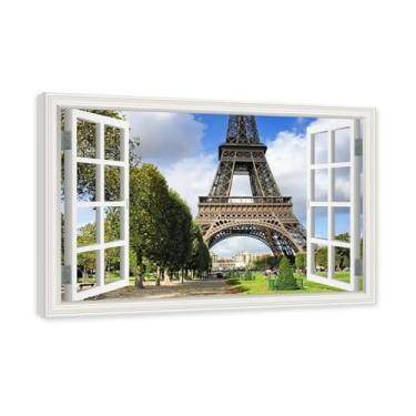 Imagem de NHLDZYH Janela de arte de parede impressa em tela. Visualização de janela falsa. Impressão de imagem natural em tela. Arte de cenário para decoração de sala de estar (Vista da Torre Eiffel de Paris 11