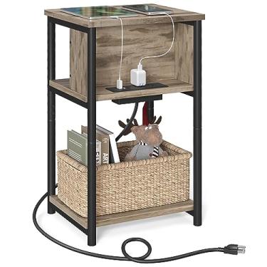 Imagem de VASAGLE Mesa Lateral Com Estação De Carregamento, Portas Usb E Tomadas 3 Níveis, Criado-Mudo Para Sala Estar, Quarto, 11,8 X 13,4 22,8", Série Plug-In, Marrom Camelo Preto
