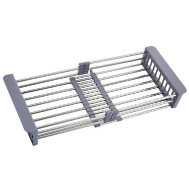 Imagem de GICASA Escorredor de pratos para pia, escorredor de aço inoxidável para pias de 32 a 52 cm, organizador de bancada de cozinha para pratos, legumes e frutas (tamanho cinza e grande)