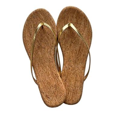Imagem de Archicolor Chinelo minimalista feminino de verão francês preguiçoso de couro legítimo chinelos confortáveis de madeira de látex, Dourado, 34