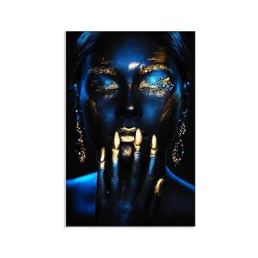 Imagem de Pintura de parede feminina africana azul e dourada moderna de luxo dourado pôster em tela para decoração de quarto sala de estar 90 x 60 cm (35 x 24 pol) sem moldura