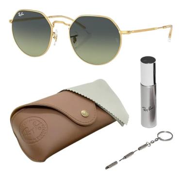 Imagem de Ray-Ban RB3565 JACK Óculos de sol quadrados redondos para homens e mulheres com kit oficial de óculos RAYBAN, Armação dourada Arista | Lente vintage verde, 53 mm
