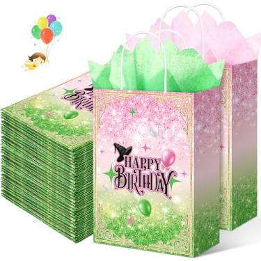 Imagem de Marspark 18 peças de sacos de presente de festa de aniversário rosa e verde com alças e lenço de papel, chapéu de bruxa, sacos de embrulho de feliz aniversário, 20 x 15 x 7 cm temáticos guloseimas