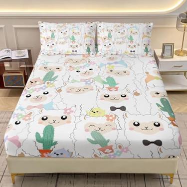 Imagem de AILONEN Jogo de cama solteiro kawaii lhama tamanho GG, lençol com elástico fofo com desenho de cacto alpaca e 2 fronhas, 3 peças, lençol de cama macio com estampa divertida de lhama feliz