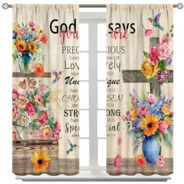 Imagem de Cortinas blackout com versículo bíblico de pássaros para cozinha, cruz de flor rústica, cristã, retrô, citação, beija-flor, arte impressa, cortinas de janela, para meninas, quarto, sala de estar