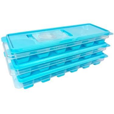 Imagem de Forma de Gelo com Tampa Kit 3 Peças com Aba Enche Fácil em Silicone Super Resistente (Azul)