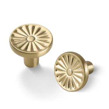 Imagem de Yagman Pacote com 10 puxadores de armário dourados escovados latão redondo girassol puxador de cômoda puxadores de gaveta de armário de cozinha armário de banheiro ferragens móveis guarda-roupa