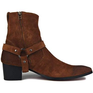 Imagem de OSSTONE Bota social masculina de couro Chukka Designer Botas casuais de salto com zíper OS-JY002-US, Couro de camurça marrom com cinto, 41