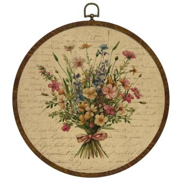 Imagem de Arte de parede de flores com letras vintage, moldura de grão de madeira redonda, design de jardim floral, decoração redonda pendurada, estampa de buquê de flores silvestres em aquarela para quarto e