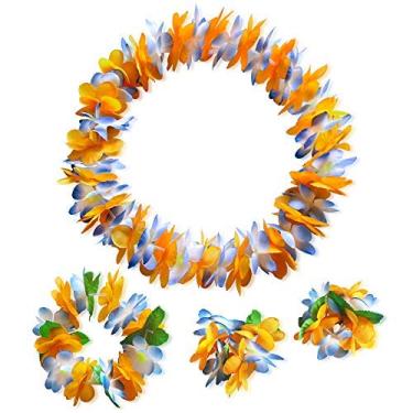 Imagem de LAYSERI Conjunto de coroa de flores havaianas Luau Leis jumbo colar pulseira faixa de cabeça, azul + laranja