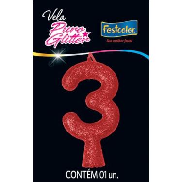Imagem de Vela Puro Glitter Vermelha N 3 - Embalagem com 1 unidade.
