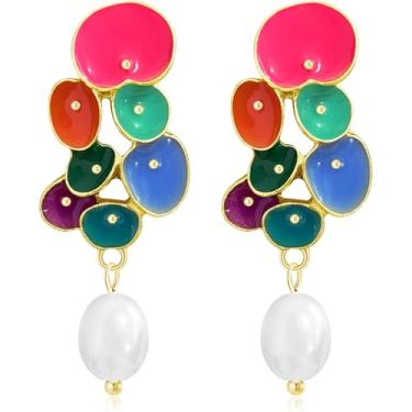 Imagem de JOONL Brincos femininos com pingente de pérola e pingente de flor esmaltada de lótus em forma de ferradura boêmia, Large, Metal, Sem pedra preciosa