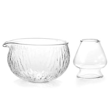 Imagem de CAMATET Conjunto de tigela Matcha e suporte de batedor, tigela matcha de vidro com bico, chawan de mistura cerimonial, kit matcha japonês tradicional transparente para chá/matcha em pó/sopa - padrão