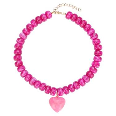 Imagem de Colar gargantilha Boho com contas coloridas e grossas, pingente de coração, rosa, verde, amarelo, marrom, joia moderna, 16.0 Inches, Vidro Plástico, Sem Pedra Preciosa
