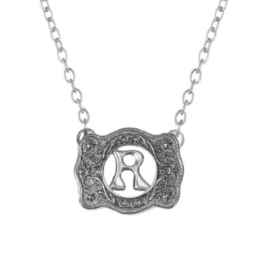 Imagem de SENFAI Colar com fivela de cinto, estilo ocidental, pingente de letra inicial, design decorativo com fivela de cinto, Small, Latão, Sem Pedra Preciosa