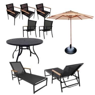 Imagem de Kit Amélia Mesa Ripada 1,20m + 5 Poltronas + 2 Espreguiçadeiras Piscin