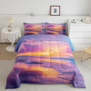 Imagem de Homewish Jogo de cama com céu brilhante por do sol, tema de cenário natural com estampa de mar rosa e nuvem, estilo feminino, para crianças, meninas, meninos, adolescentes, edredom acolchoado com 1