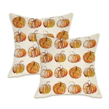 Imagem de Fahrendom Conjunto de 2 capas de almofada decorativas de abóbora de Ação de Graças, 45,7 x 45,7 cm, aquarela para varanda e pátio, capa de almofada de outono para sofá de fazenda para decoração de