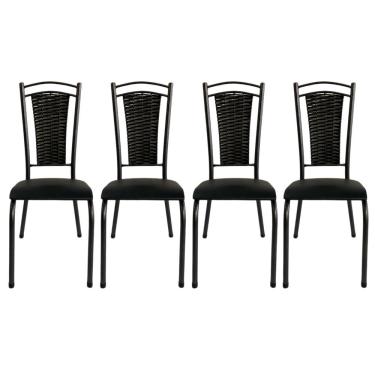 Imagem de Kit 4 Cadeira Paris De Cozinha Tubular Preto Aço Estofada Encosto Junco Preto
