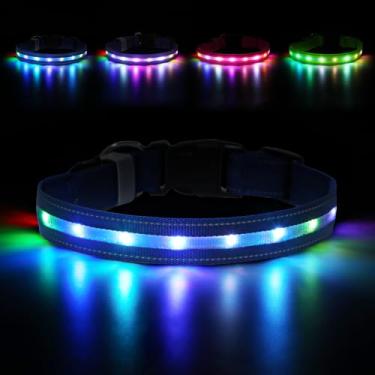 Imagem de Coleira de cachorro de LED, coleira iluminada, recarregável por USB – Luzes mais brilhantes para caminhadas noturnas, 6 modos de luz, ajustável para segurança do cão (grande, azul royal)