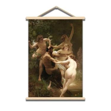 Imagem de OKRA William Adolphe Bouguereau Pôster de madeira para pendurar - Pôster de ninfas e sátiros - Decoração de parede em tela de mitologia grega - Pôster de pintura mundialmente famoso - Decoração de