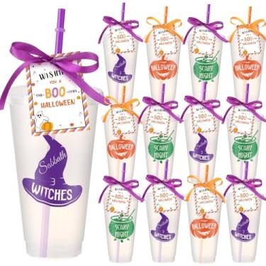 Imagem de Mimorou 12 conjuntos de presentes para copo de Halloween, porta-cartões de presente de café a granel com cartões, copos de plástico transparente com tampa, cartões de agradecimento, Happy Boo Day