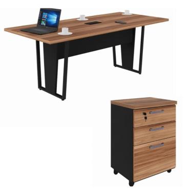 Imagem de Conjunto Escritório Office Mesa Reunião e Gaveteiro 3 Gavetas com Chave Cor Marrom/Preto - Yaris