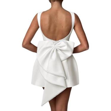 Imagem de Vestido de festa Aosadin sem mangas, fenda, cetim, mini marfim, femini