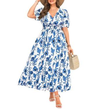 Imagem de Vestidos florais femininos plus size: azul, branco, maxi, verão, casua