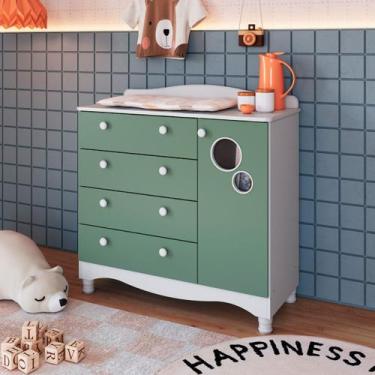 Imagem de Cômoda Infantil 4 Gavetas 1 Porta Encanto Branco e Verde Completa Móve