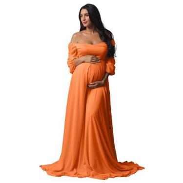 Imagem de Vestido de maternidade Fivsole Plus Size Laranja Chiffon 3GG Long