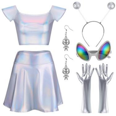 Imagem de Panitay 7 Pcs Halloween Alien Costume for Women Holographic Metallic Skirt and Top Headband Glove Glasses Earring Necklace(Straight Shoulder,XL)