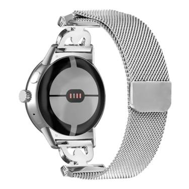 Imagem de Feigand Pulseira magnética de metal compatível com Google Pixel Watch 3 de 41 mm/2/1, pulseira de malha elegante de aço inoxidável com diamante em forma de D para mulheres (prata)
