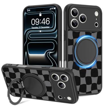 Imagem de Fiyart Capa projetada para iPhone 17 Pro Max 2025 suporte de anel quadriculado com suporte magnético compatível com proteção de lente de câmera MagSafe para mulheres e homens tabuleiro de xadrez 17,5