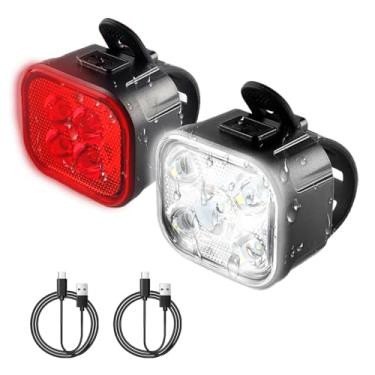 Imagem de KunHe Luz de bicicleta para andar à noite, recarregável, USB, luzes dianteiras e traseiras, 8 + 12 modos, conjunto de luzes de bicicleta, farol e lanterna traseira, fácil de instalar