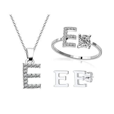 Imagem de Loqimu Pacote com 3 conjuntos de joias iniciais anéis, colar com pingente maiúsculo, brincos, brincos e acessórios femininos, E, Cobre, Zircônia cúbica