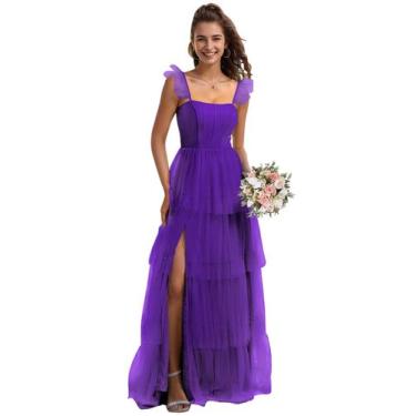 Imagem de Vestido de dama de honra LANGKAAO roxo em tule A-Line tamanho 8 com fe