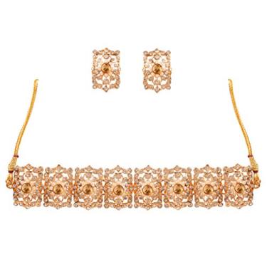 Imagem de Touchstone Conjunto de colar gargantilha indiano de Bollywood lindo e intrincado Mughal branco colorido strass cristal casamento designer joias gargantilha em tom dourado e prata para mulheres.