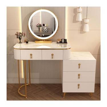 Imagem de Escrivaninha de penteadeira Mesa de vaidade branca para maquiagem com espelho conjunto mesa moderna e 5 gavetas armazenamento