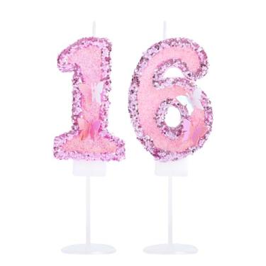 Imagem de Kinsynko Número 16 vela de lantejoulas rosa 16 velas de aniversário para princesas meninas 16 anos tema borboleta decorações de festa topo de bolo