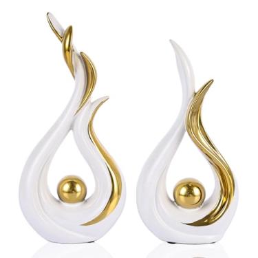 Imagem de Estátua de cerâmica de arte abstrata de decoração de casa moderna - 2 conjuntos de objetos de mesa de jantar em ouro branco, peças centrais douradas para mesa de café, estante de livros, suporte de TV