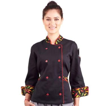 Imagem de Dólmã Feminina Para Chef De Cozinha Preto Estampa Pimentas Uniforme Ac