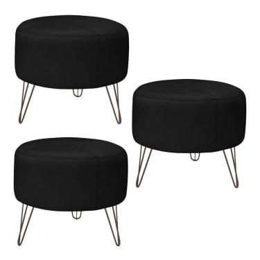 Imagem de Kit 3 Puffs Decorativos Redondo Pés Metal Couro Preto - Gran Belo
