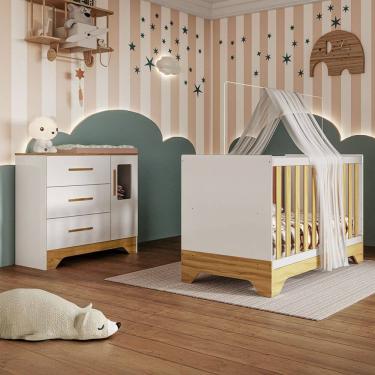 Imagem de Quarto de Bebê Completo Gabi 100% Mdf 1 Porta 3 Gavetas Branco/Amêndoa - Pnr Móveis