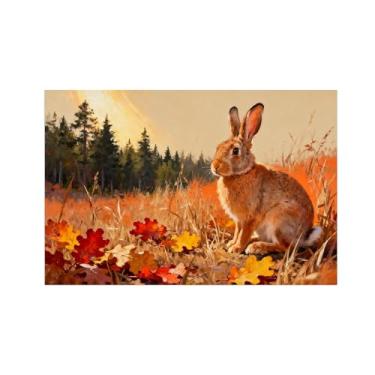 Imagem de Quadro parede outono-Coelho árvore pastagem Impressões em tela paisagens-Pintura animais para sala estar decoração fazenda 20x30cm Sem Moldura