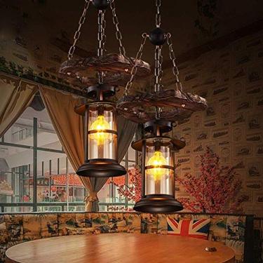 Imagem de Lustre retrô de madeira Lustre industrial vintage metal preto quarto restaurante suspensão lâmpada gaiola moldura com sombra de vidro casa loft bar café decoração luzes de teto