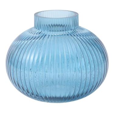 Imagem de YANWE1 Vaso de vidro azul para tulipas, vaso de vidro canelado para flores, vasos de flores redondos, pequenos vasos curtos para sala de estar, escritório, mesa de centro, prateleira, casamento, 15 cm