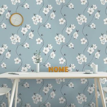 Imagem de oranqran Papel de parede azul claro para descascar e colar papel de parede floral azul branco moderno papel de parede removível boho flor decoração de parede vinil papel de contato para armários forro