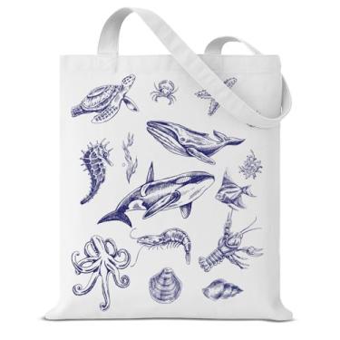 Imagem de Sacola de lona náutica para mulheres, meninas, elegante, estampa oceânica, reutilizável, bolsa de ombro para compras, praia, viagens, trabalho